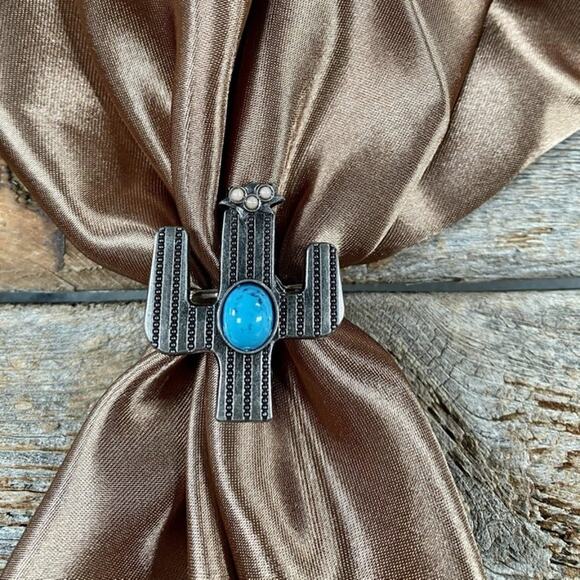 Silver Turquoise Cactus Western Scarf Slide Tee Clip - Picture 2 of 2